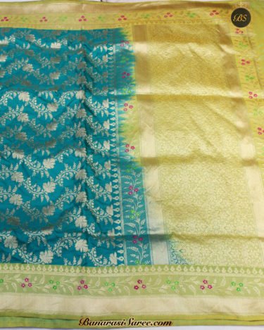 Pure Banarasi Silk Katan Rama Green Kadhwa Jangla Saree