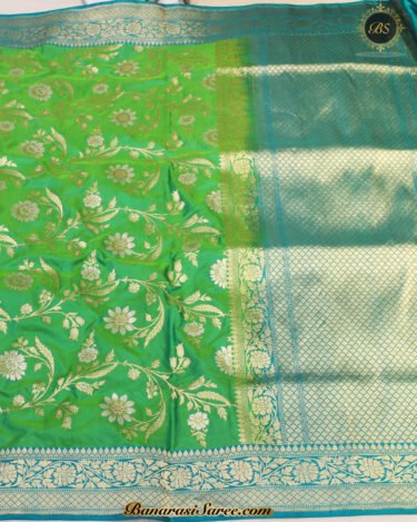 Pure Banarasi Silk Katan Shot Green Kadhwa Jangla Saree