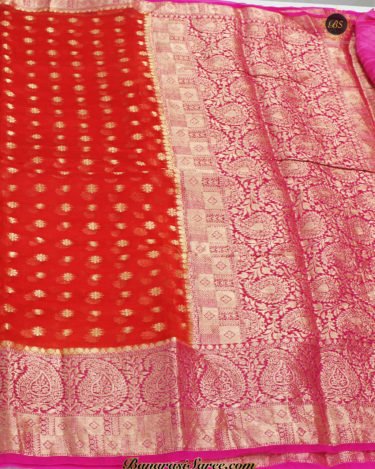 Pure Banarasi Kora Silk Red Zari Booty Saree