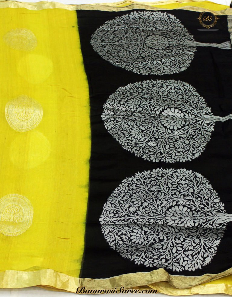 Pure Banarasi Tussar Silk Lemon Colour Zari Lachha Border Saree