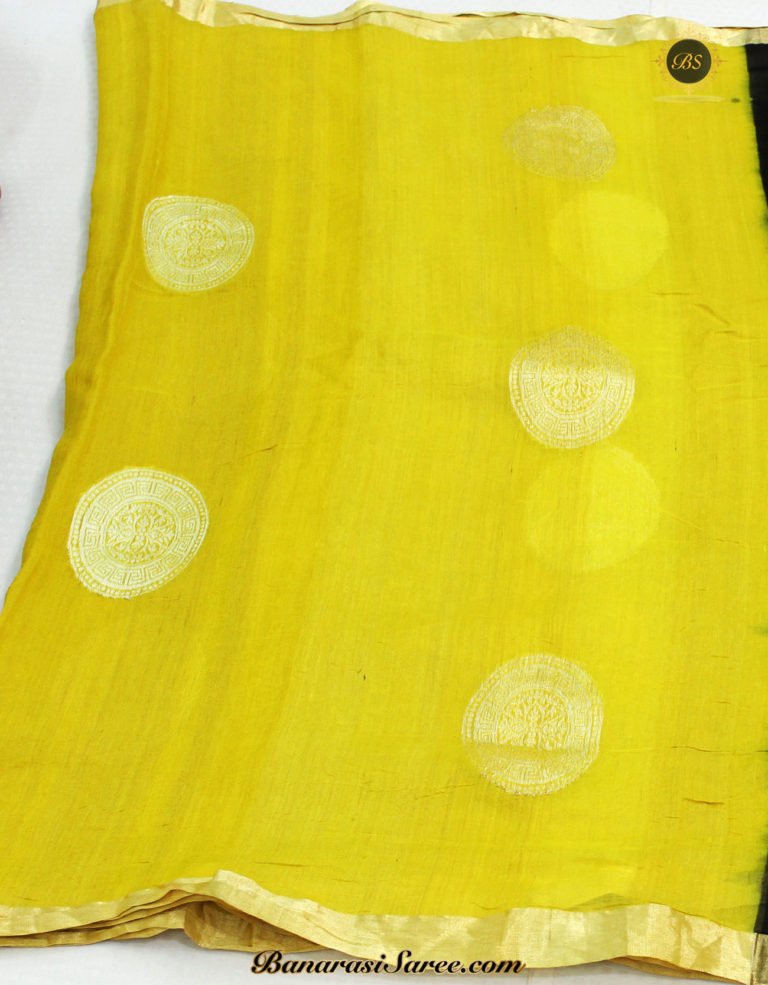 Pure Banarasi Tussar Silk Lemon Colour Zari Lachha Border Saree - Image 3