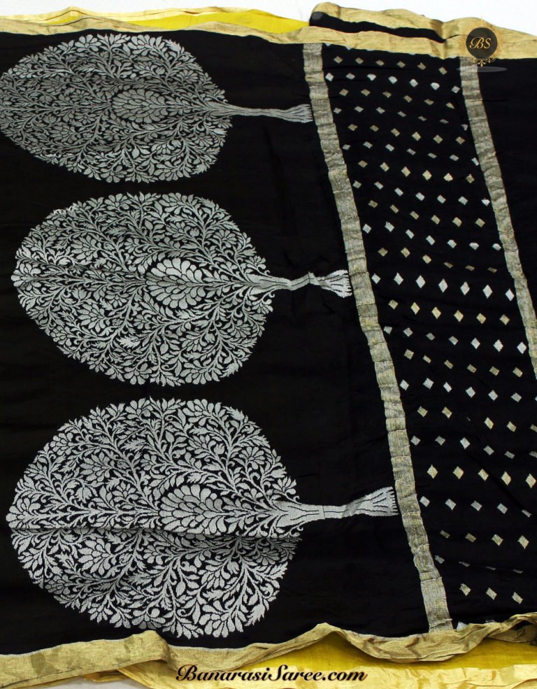 Pure Banarasi Tussar Silk Lemon Colour Zari Lachha Border Saree - Image 4