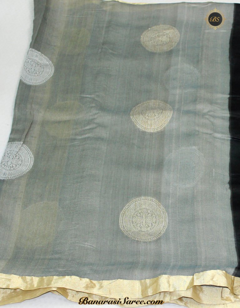 Pure Banarasi Tussar Silk Grey Color Lachha Border Saree - Image 3