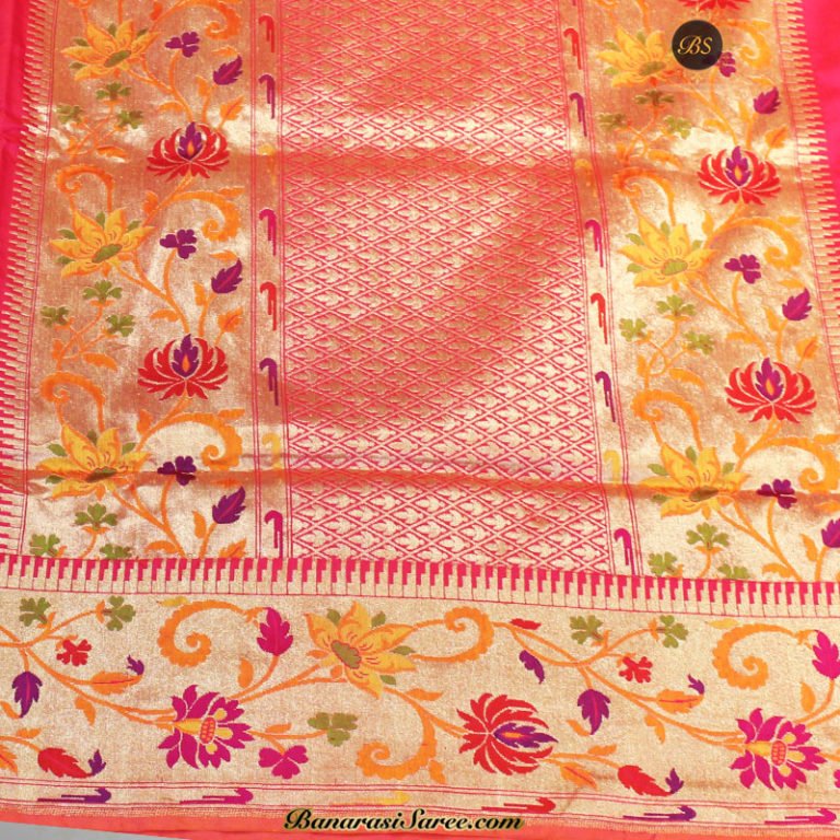 Pure Banarasi Katan Silk Rani Border Booty Saree - Image 3