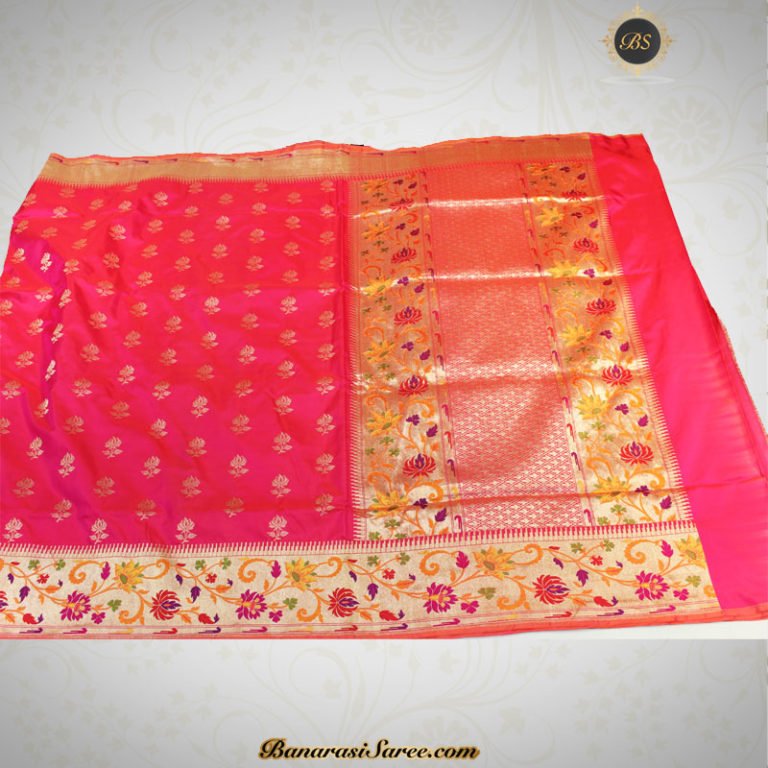 Pure Banarasi Katan Silk Rani Border Booty Saree - Image 2