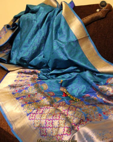 Pure Banarasi Katan Silk Peacock Blue Colour Tanchoi Tilfi Skirt Saree