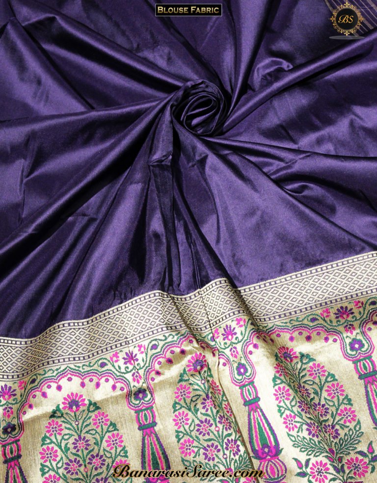 Pure Banarasi Katan Silk Navy Blue Color Temple Tilfi Skirt Saree - Image 5