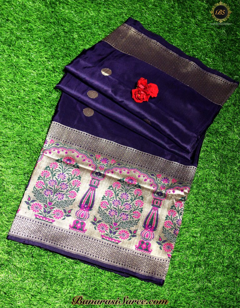 Pure Banarasi Katan Silk Navy Blue Color Temple Tilfi Skirt Saree