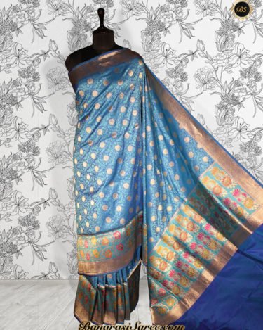 Pure Banarasi Katan Silk Shot Peacock Blue Tanchoi Tilfi Skirt Saree
