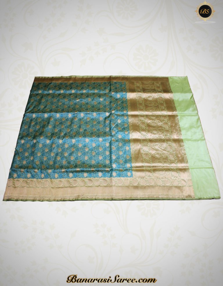Pure Banarasi Katan Silk Shot Peacock Color Tanchoi Saree - Image 2