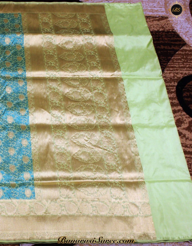 Pure Banarasi Katan Silk Shot Peacock Color Tanchoi Saree - Image 3