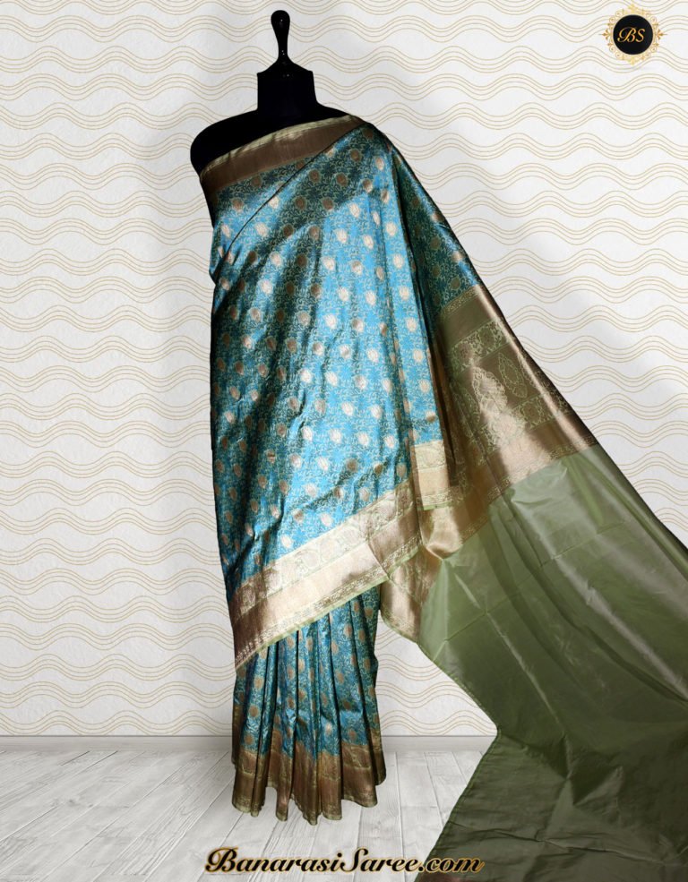 Pure Banarasi Katan Silk Shot Peacock Color Tanchoi Saree