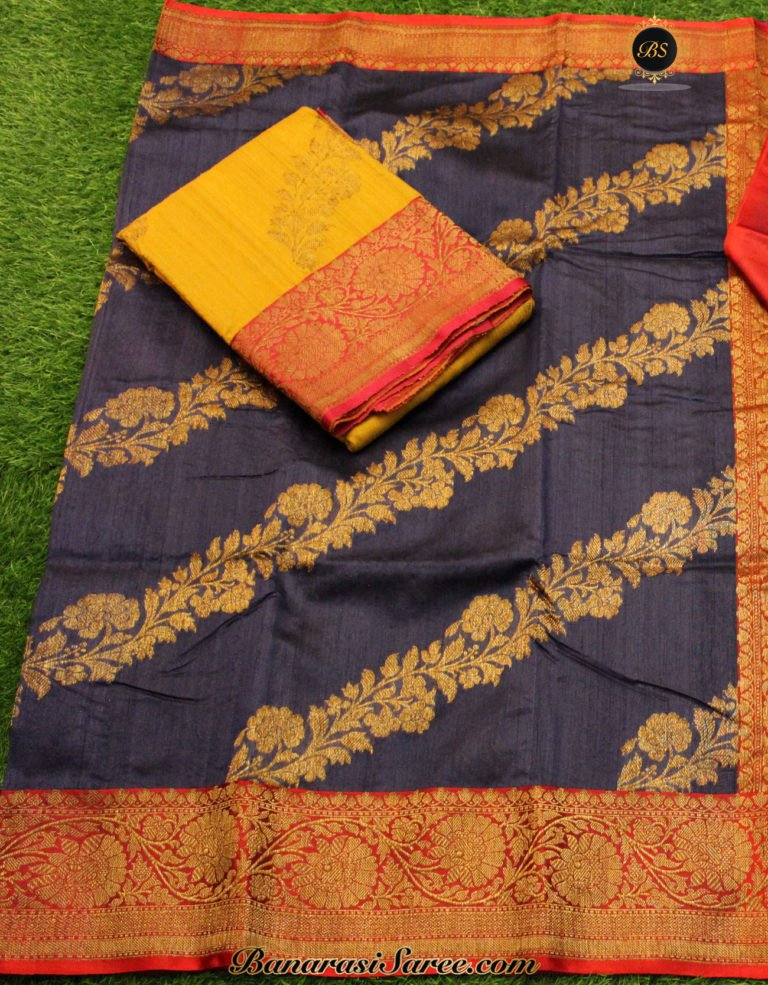 Pure Banarasi Handloom Tussar Silk Navy Blue Color Half- Half Saree - Image 4