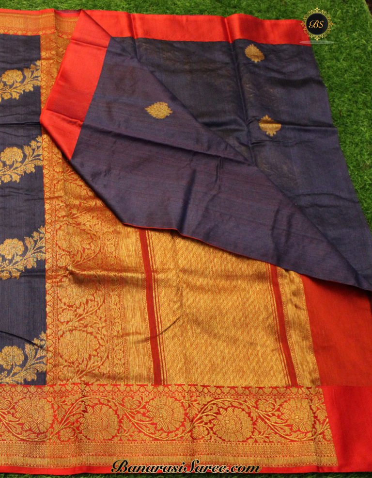 Pure Banarasi Handloom Tussar Silk Navy Blue Color Half- Half Saree - Image 3