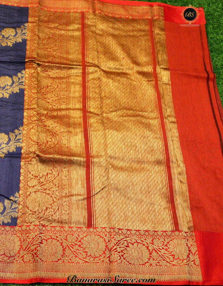 Pure Banarasi Handloom Tussar Silk Navy Blue Color Half- Half Saree - Image 2