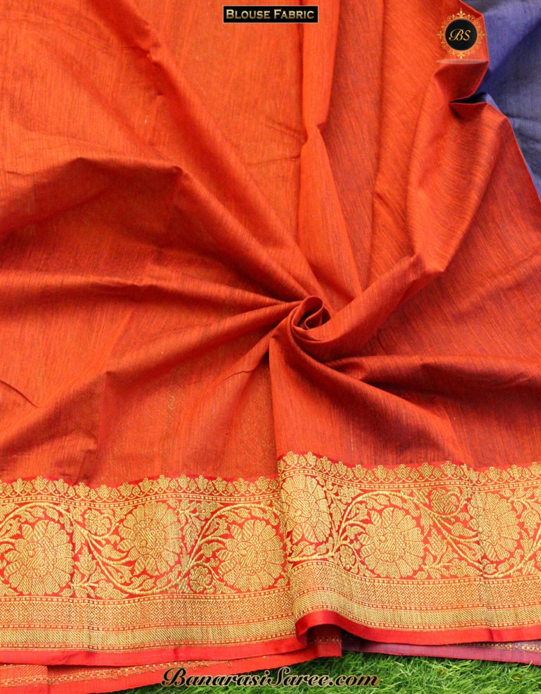 Pure Banarasi Handloom Tussar Silk Navy Blue Color Half- Half Saree - Image 6