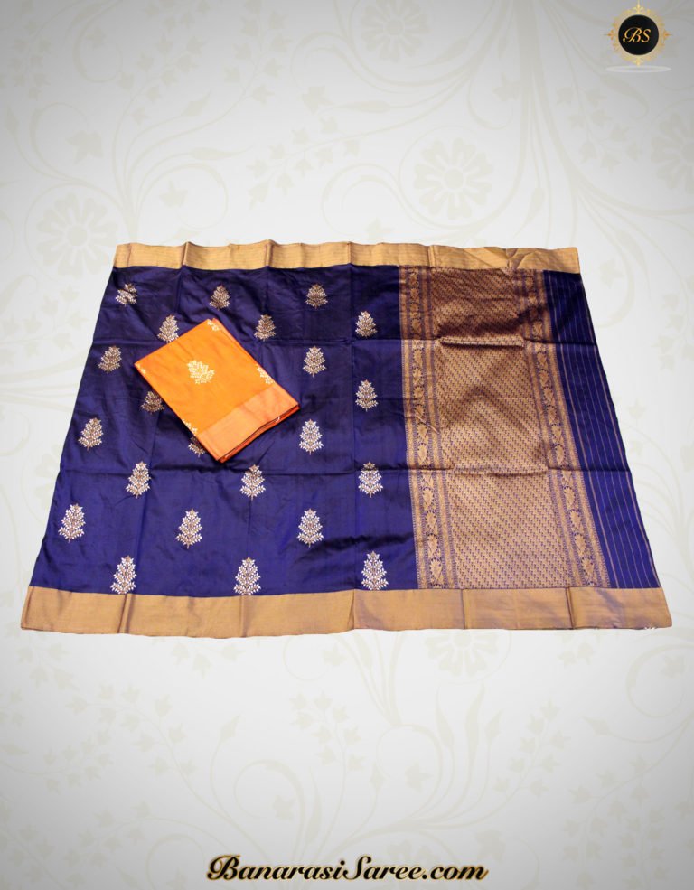 Pure Banarasi Handloom Katan Silk Dark Blue Color Saree - Image 2