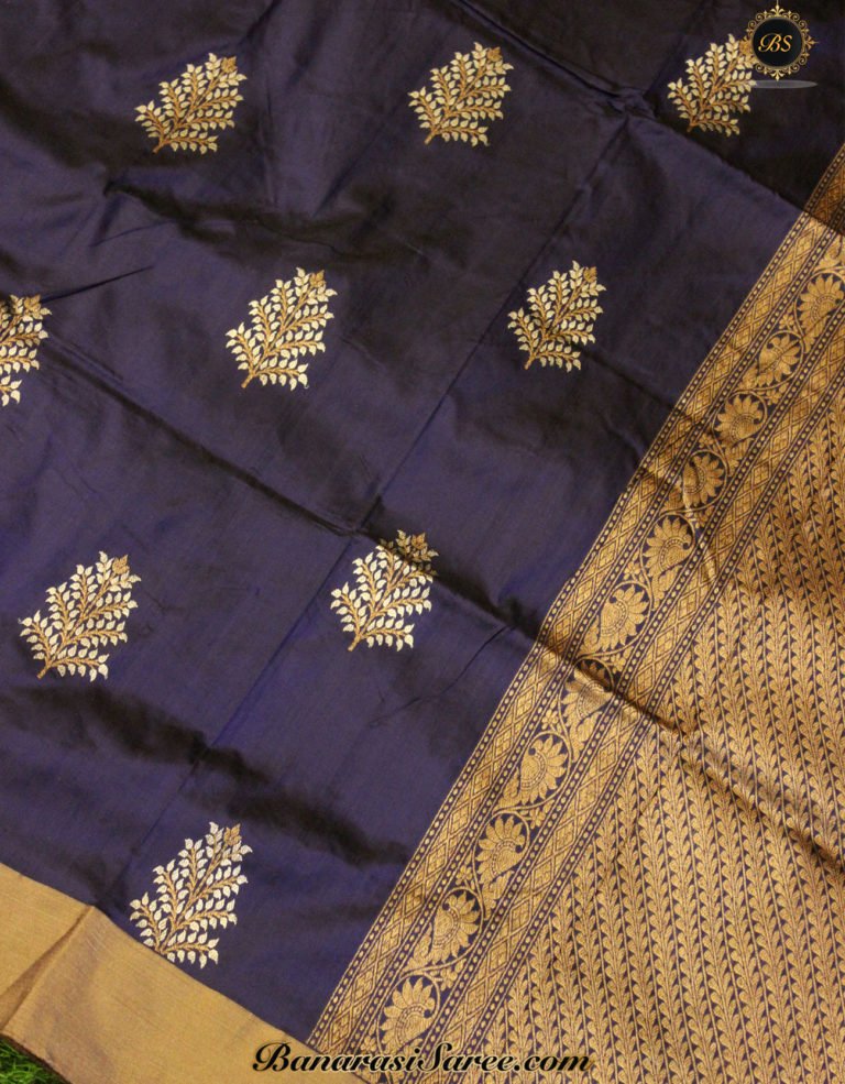 Pure Banarasi Handloom Katan Silk Dark Blue Color Saree - Image 4