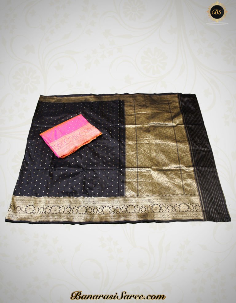 Pure Banarasi Handloom Katan Silk Black-Golden Color Saree - Image 2