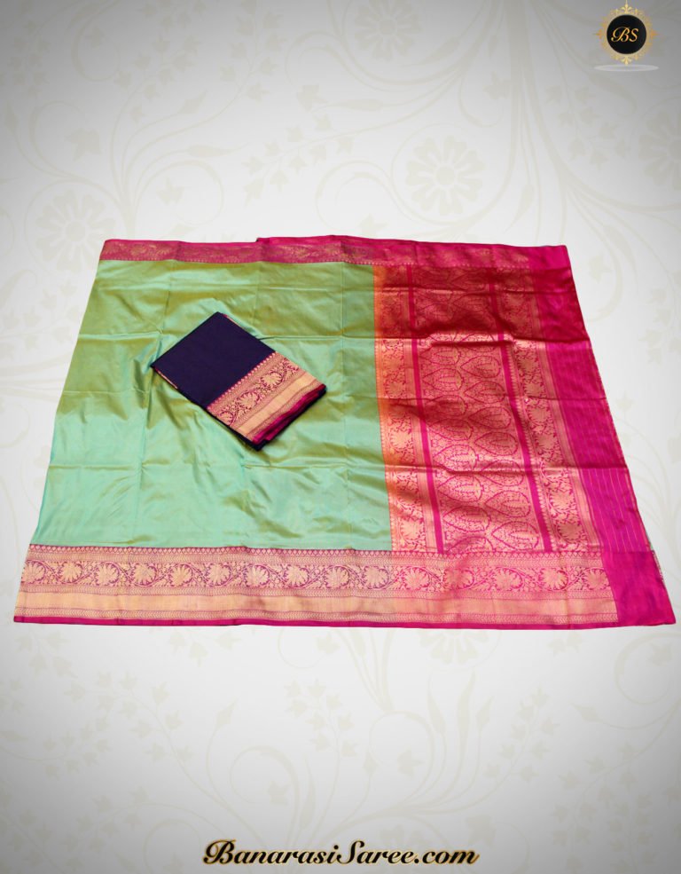 Pure Banarasi Handloom Katan Silk Green Color Plain Kadhiyal Saree - Image 3
