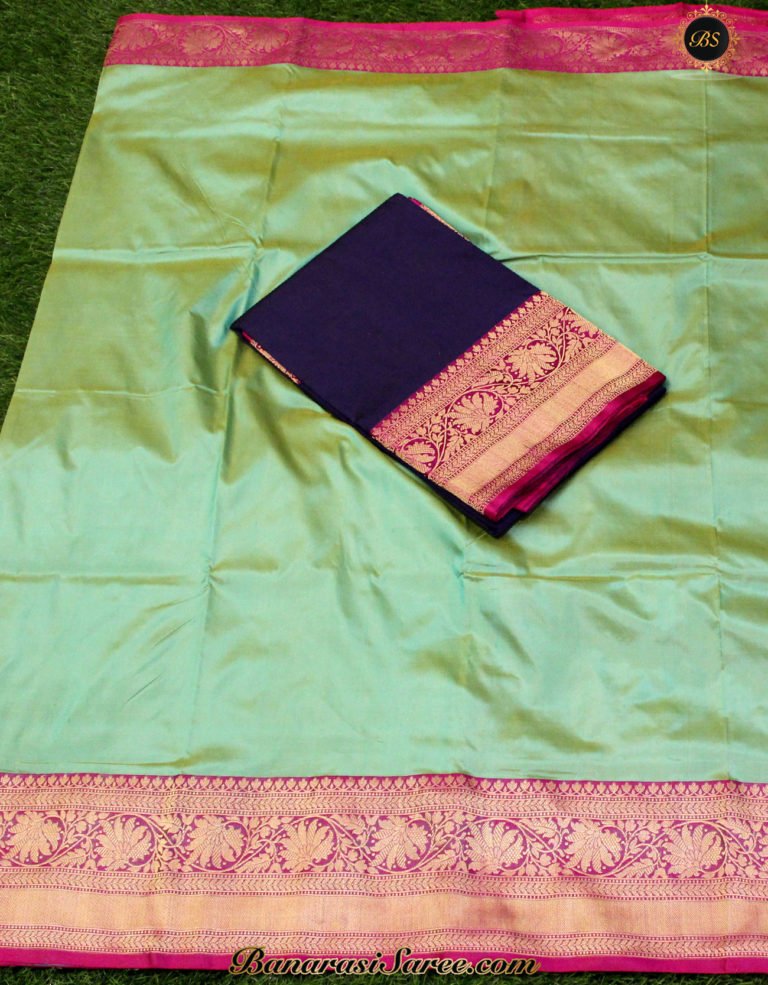 Pure Banarasi Handloom Katan Silk Green Color Plain Kadhiyal Saree - Image 5
