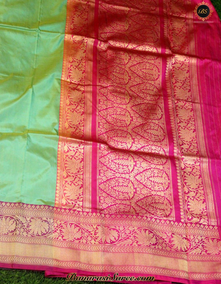 Pure Banarasi Handloom Katan Silk Green Color Plain Kadhiyal Saree - Image 4