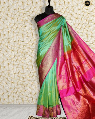Pure Banarasi Handloom Katan Silk Green Color Plain Kadhiyal Saree