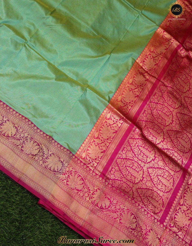 Pure Banarasi Handloom Katan Silk Green Color Plain Kadhiyal Saree - Image 2