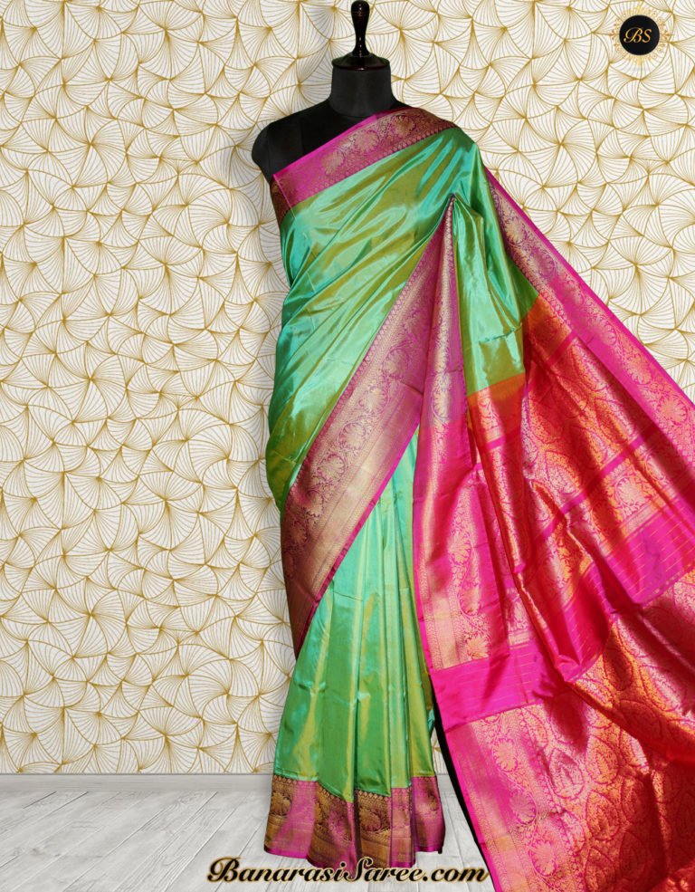 Pure Banarasi Handloom Katan Silk Green Color Plain Kadhiyal Saree