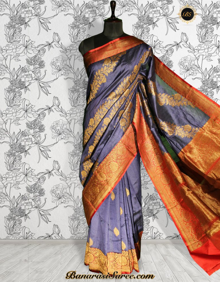 Pure Banarasi Handloom Tussar Silk Navy Blue Color Half- Half Saree