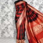 Pure Banarasi Handloom Katan Silk Black-Red Color Checkered Saree