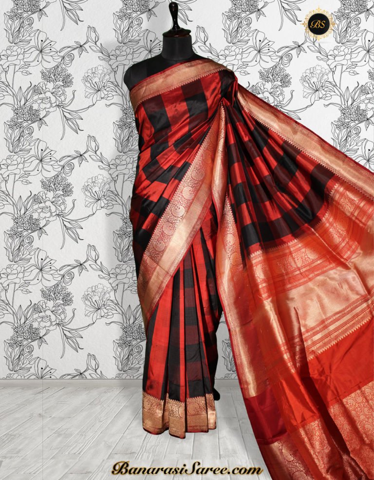 Pure Banarasi Handloom Katan Silk Black-Red Color Checkered Saree