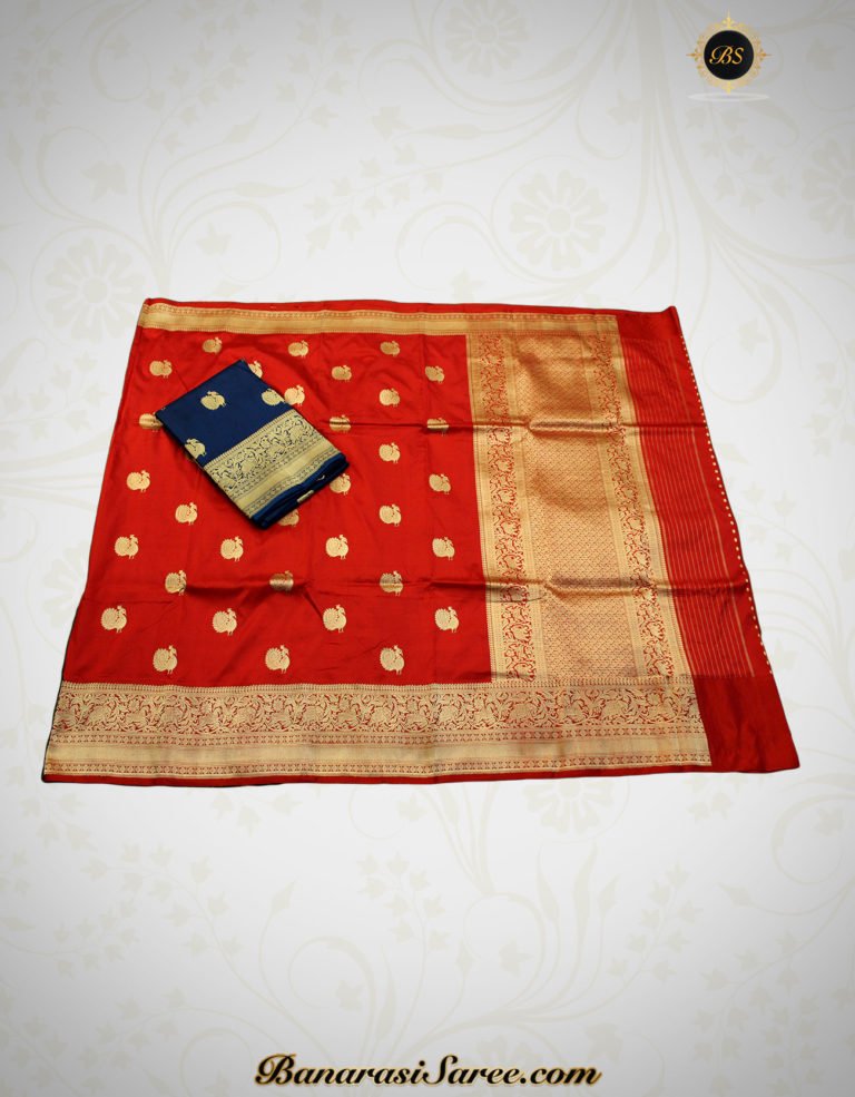 Pure Banarasi Handloom Katan Silk Red Color Shikaargah Saree - Image 5
