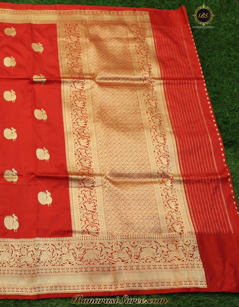 Pure Banarasi Handloom Katan Silk Red Color Shikaargah Saree - Image 3