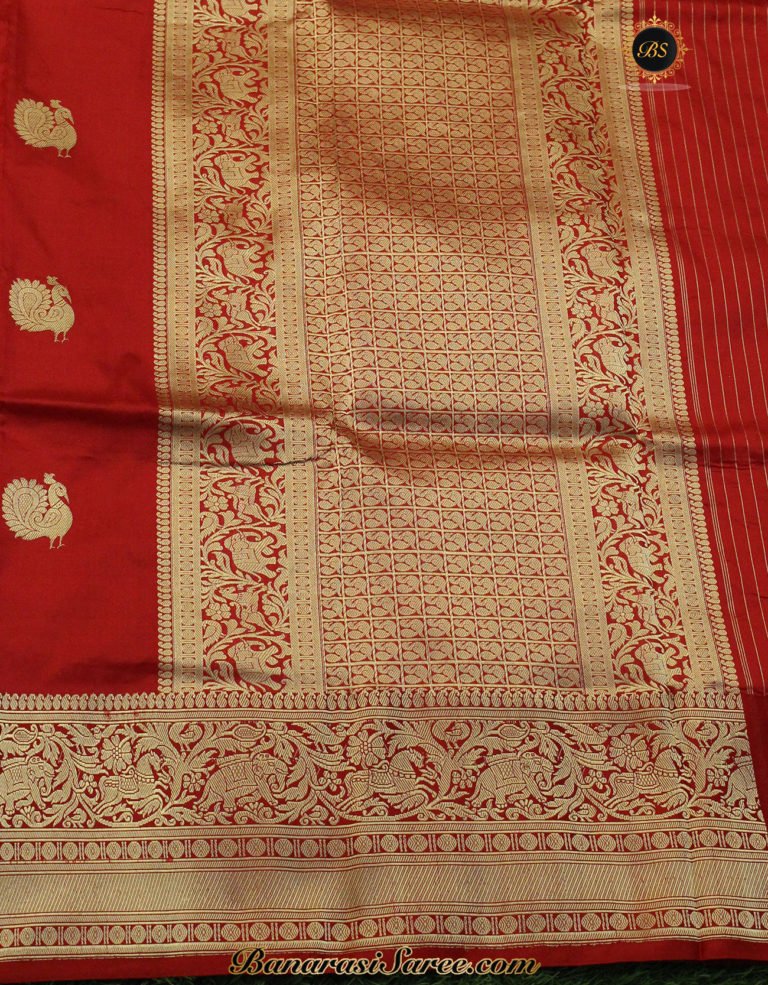 Pure Banarasi Handloom Katan Silk Red Color Shikaargah Saree - Image 2