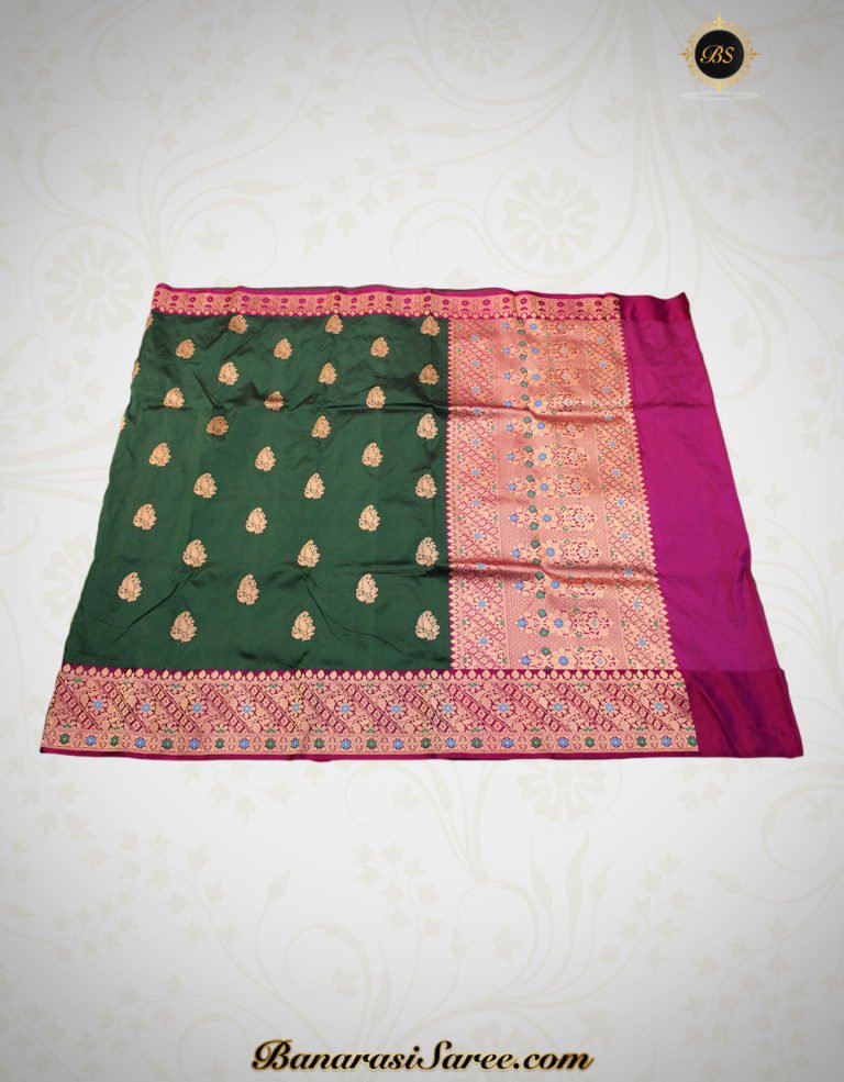 Pure Banarasi Handloom Katan Silk Green Color Boota Saree - Image 2