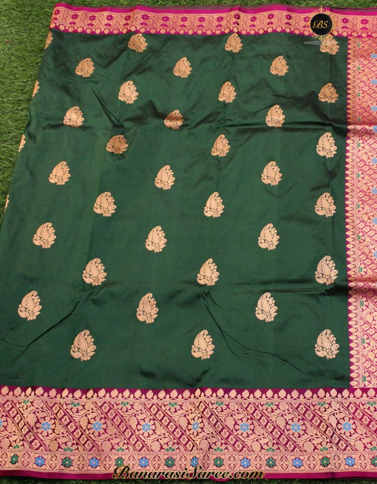Pure Banarasi Handloom Katan Silk Green Color Boota Saree - Image 5
