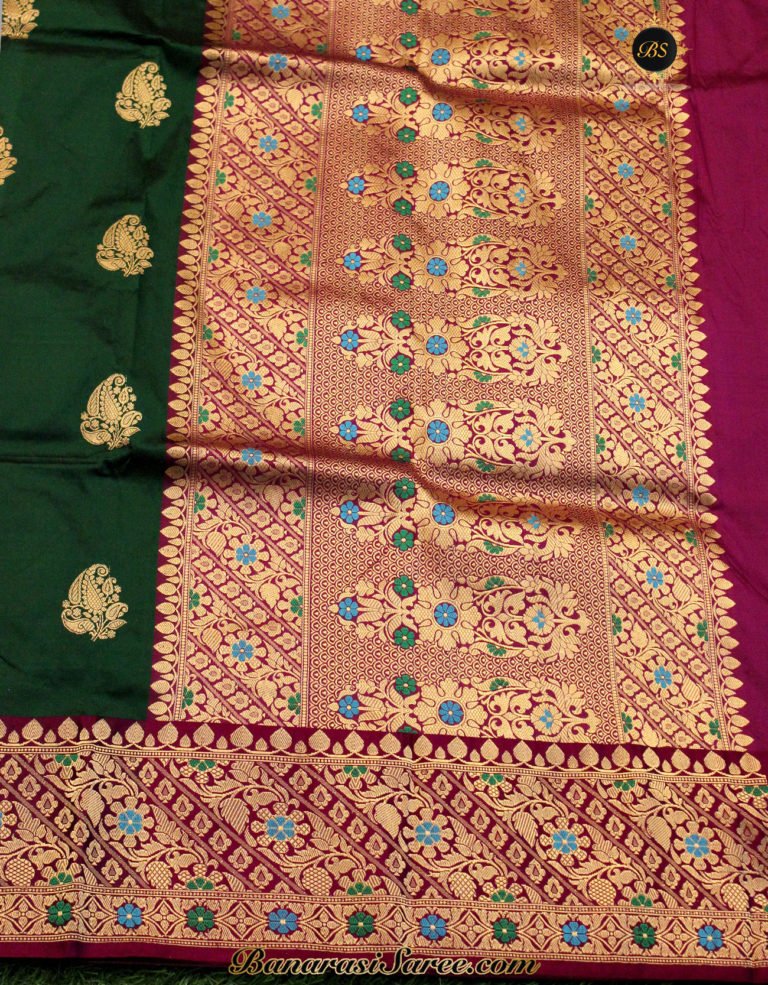 Pure Banarasi Handloom Katan Silk Green Color Boota Saree - Image 3