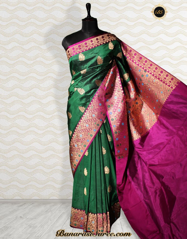Pure Banarasi Handloom Katan Silk Green Color Boota Saree