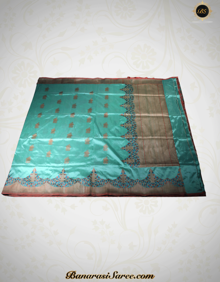 Pure Banarasi Handloom Katan Turquoise Blue Silk Tilfi Khichha Border Saree - Image 5