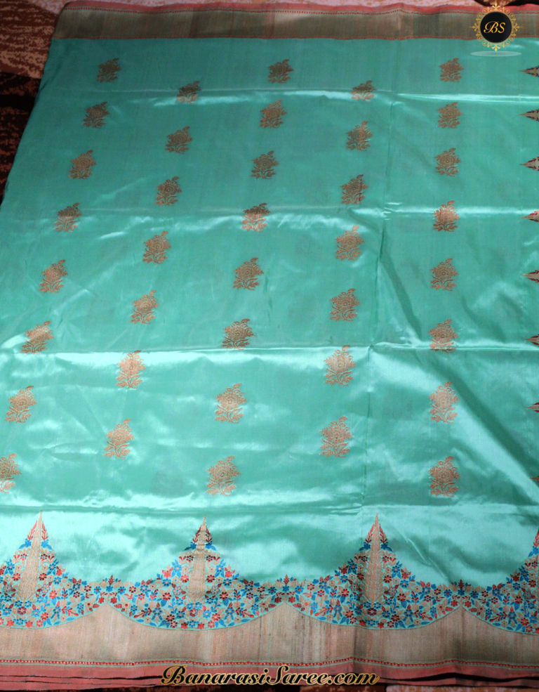 Pure Banarasi Handloom Katan Turquoise Blue Silk Tilfi Khichha Border Saree - Image 4