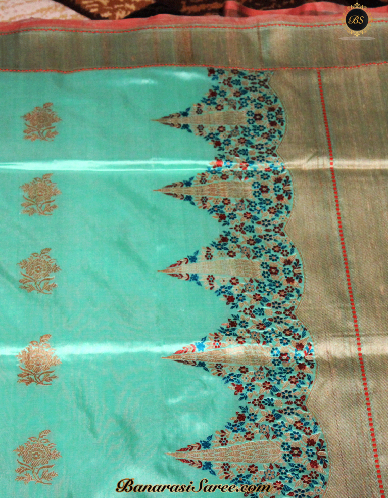 Pure Banarasi Handloom Katan Turquoise Blue Silk Tilfi Khichha Border Saree - Image 2