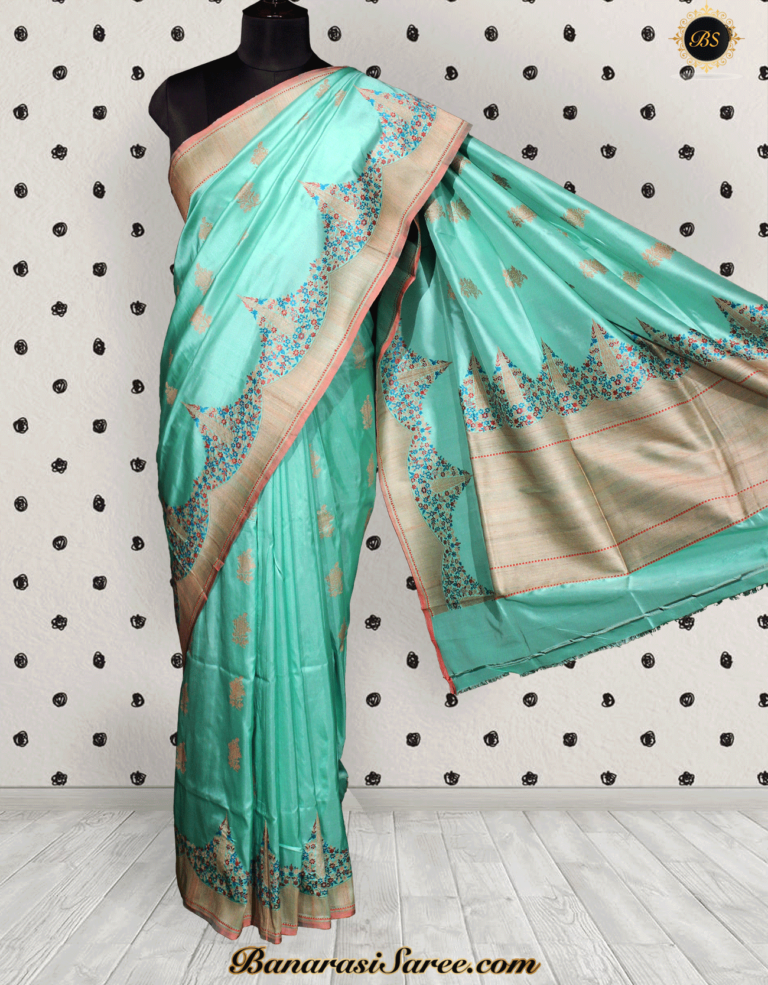 Pure Banarasi Handloom Katan Turquoise Blue Silk Tilfi Khichha Border Saree