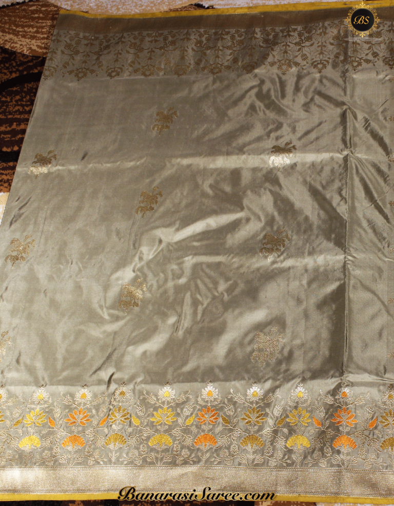 Pure Banarasi Handloom Katan Silk Tussar Colour Zari Booty Saree - Image 4