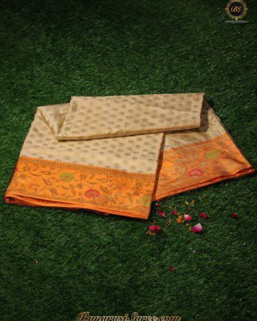 Pure Banarasi Handloom Katan Silk Cream Colour Zari Booty Saree