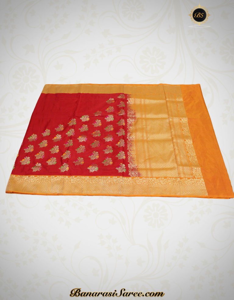Pure Banarasi Handloom Katan Silk Red Color Shoulder Boota Saree - Image 2