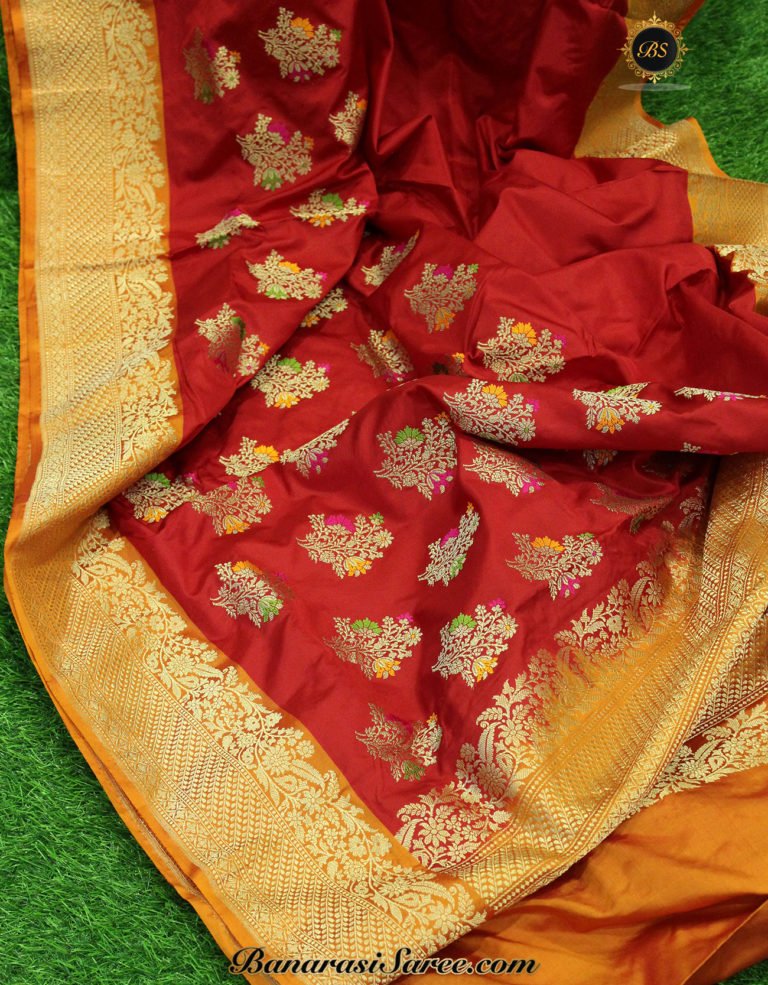 Pure Banarasi Handloom Katan Silk Red Color Shoulder Boota Saree
