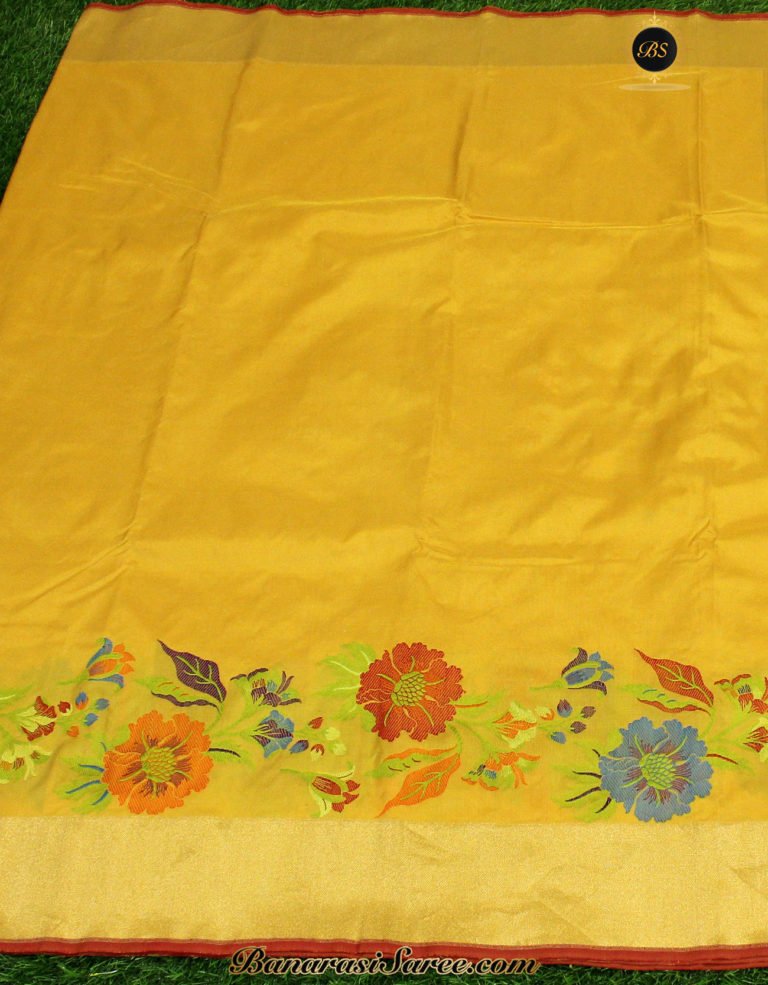 Pure Banarasi Handloom Katan Silk Multicolor Floral Skirt Saree - Image 4
