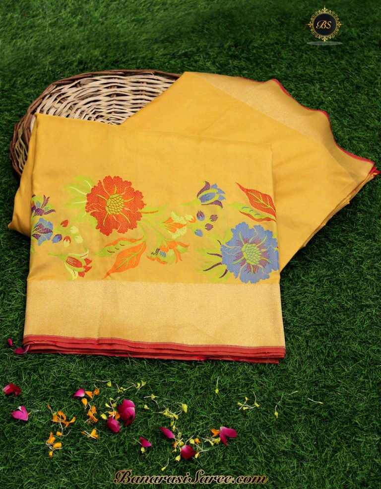 Pure Banarasi Handloom Katan Silk Multicolor Floral Skirt Saree