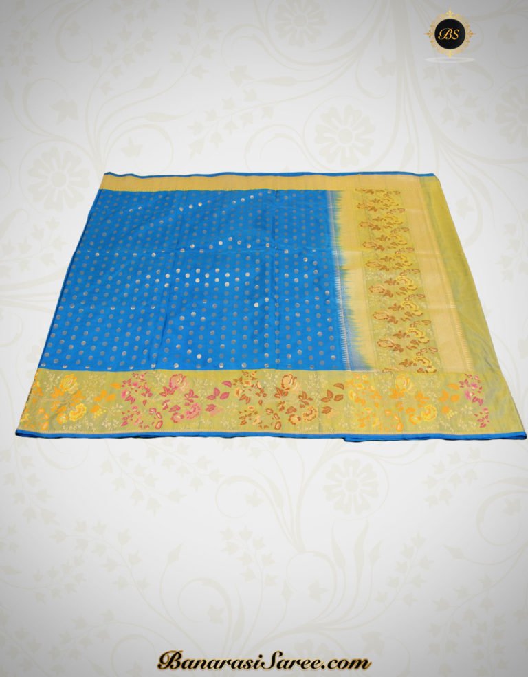 Pure Banarasi Handloom Katan Silk Zari Polka & Meena Border Saree - Image 4